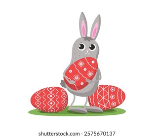 Easter bunny with a set of colored eggs. Easter holiday card design. Cute funny hare. Vector illustration