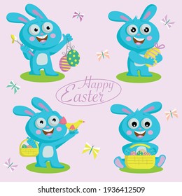 Easter bunny set with colorful eggs. Vector illustration.