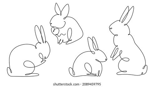 Easter bunny set continuous one line drawing. Rabbit simple image. Minimalist vector illustration.