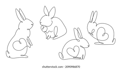 Easter Bunny Set Continuous One Line Drawing. Rabbit Simple Image. Minimalist Vector Illustration.