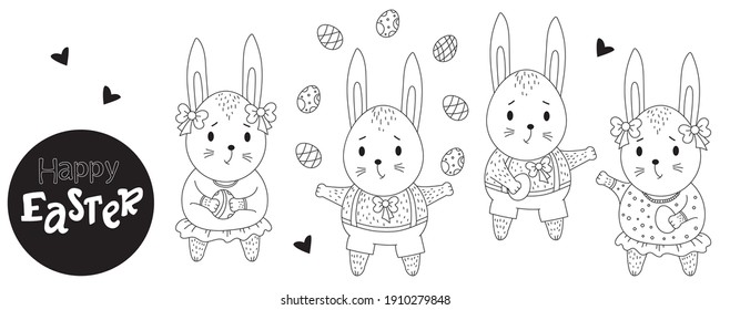 Easter bunny set. Cute bunnies girls and boys with Easter eggs in their paws. Vector. Black line, outline. Cute animal for design, decor, print, cards for Happy Easter. Decorative drawing