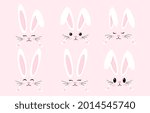 Easter Bunny set. Cute rabbit face with different emotions. Symbol of Great Easter. Cute design elements. White long ears, muzzle and paws. Cartoon flat vector collection isolated on pink background