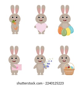 Easter bunny. set of cute Rabbit or hare with Easter eggs, flowers, carrots. Cartoon vector character. childrens cute animals