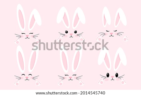 Easter Bunny set. Cute rabbit face with different emotions. Symbol of Great Easter. Cute design elements. White long ears, muzzle and paws. Cartoon flat vector collection isolated on pink background
