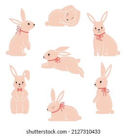 Easter Bunny set. Cute rabbits characters in different poses. Sitting, jumping, sleeping hare. Cute pink animals for kids design. Cartoon flat vector collection isolated on white background