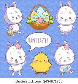 Conejito de Pascua ambientado en diferentes poses con huevos, flores y pollo, personajes vectoriales modernos. Feliz Pascua clip art.