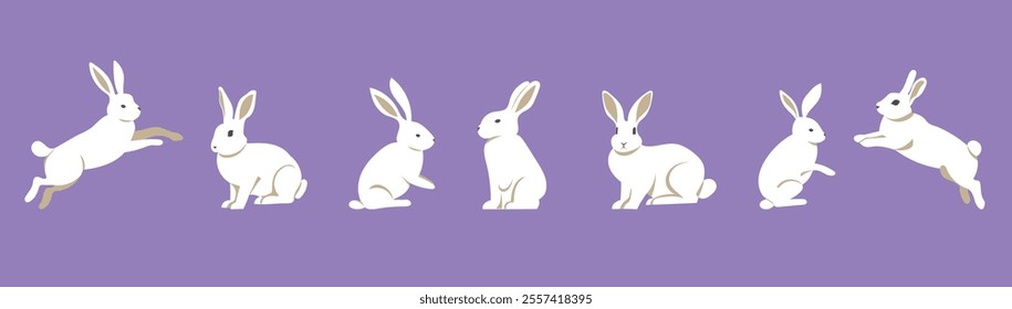 Easter bunny set. Flat style cute isolated on monochrome background. Composition. Hares and rabbits sitting and moving. Vector image. Great for Easter cards and compositions with bunnies.