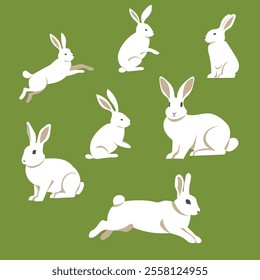 Easter bunny set. Flat style cute isolated on monochrome background. Composition. Hares and rabbits sitting and moving. Vector image. Great for Easter cards and compositions with bunnies.