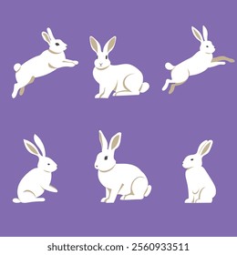 Easter bunny set. Flat style cute isolated on monochrome background. Composition. Hares and rabbits sitting and moving. Vector image. Great for Easter cards and compositions with bunnies.