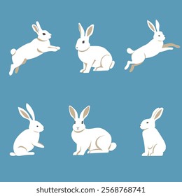 Easter bunny set. Flat style cute isolated on monochrome background. Composition. Hares and rabbits sitting and moving. Vector image. Great for Easter cards and compositions with bunnies.