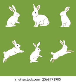 Easter bunny set. Flat style cute isolated on monochrome background. Composition. Hares and rabbits sitting and moving. Vector image. Great for Easter cards and compositions with bunnies.