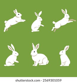 Easter bunny set. Flat style cute isolated on monochrome background. Composition. Hares and rabbits sitting and moving. Vector image. Great for Easter cards and compositions with bunnies.