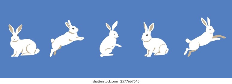 Easter bunny set. Flat style cute isolated on monochrome background. Composition. Hares and rabbits sitting and moving. Vector image. Great for Easter cards and compositions with bunnies.