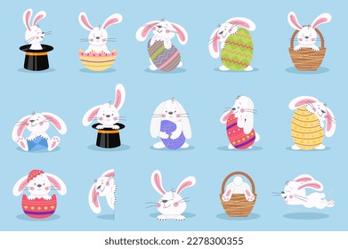 El conejito de Pascua puso elementos gráficos en diseño plano. Conjunto de conejos blancos adorables con huevos coloridos con diferentes patrones festivos, sentados en sombreros negros o cestas. Ilustración vectorial de objetos aislados