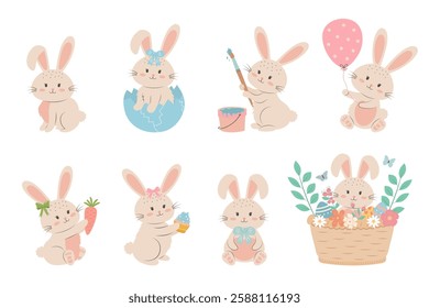 Easter bunny set on white background. Cute pastel rabbits in different poses.