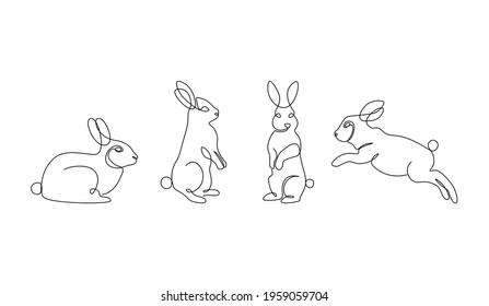 Easter bunny set in one line style. Minimalist rabbit icon. Simple bunny tattoo design, vector illustration