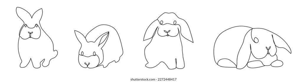 Easter bunny set in simple continuous one line style. Vector illustration.