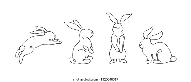 Easter bunny set in simple one line style. Rabbit icon. Black and white minimal concept vector illustration.