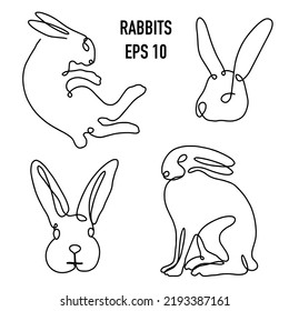 Easter bunny set in simple one line style. Rabbit icon. Black and white minimal concept vector illustration.