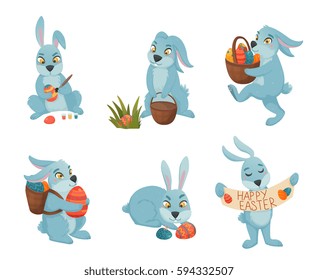 Easter bunny set of six isolated funny characters in different poses with painted easter eggs basket vector illustration