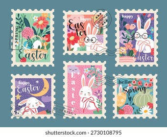 Conejito de Pascua conjunto de sellos, tarjetas, fondos de eventos de primavera, ingenuo, Ilustración vectorial creativa