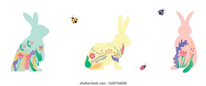 Easter bunny set vector illustration. Pink, blue, yellow rabbit with floral, flowers decoration inside hare shape isolated on white background. Cute print design character in flat cartoon style