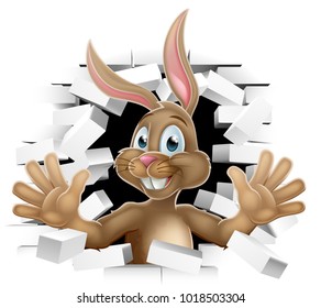 Easter bunny sign with rabbit cartoon character breaking through the background brick wall and waving