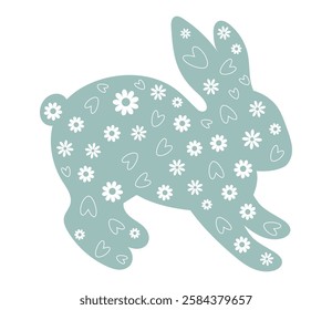 Easter Bunny Silhouette. Adorable Easter Bunny with Floral Pattern and Hearts on a Pastel Background for Spring Celebration and Festive Holiday Design