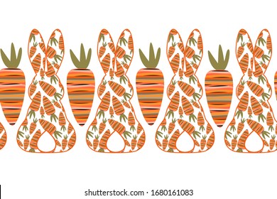 Easter bunny silhouette (back view) and striped carrots. Vector seamless border pattern. Easter design.