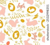 Easter bunny silhouette and chicken eggs and doodle with the inscription Easter. Festive seamless pattern. Vector