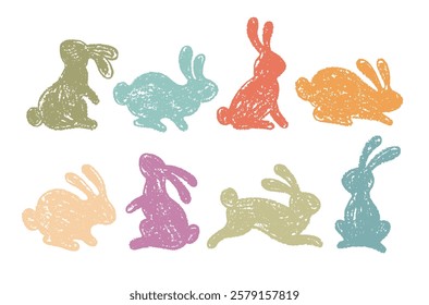 Easter bunny silhouette. Crayon rabbit icon. Vector hare animal, cute kid chalk illustration isolated on white background. Happy Easter color crayon pastel bunny set. Cute rabbit shape. Child scribble