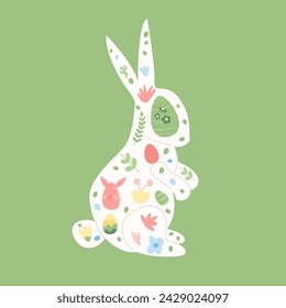 Easter bunny silhouette with decoration. Rabbit with eggs, flowers. Spring holiday symbol. Vector flat illustration.