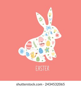 Easter bunny silhouette with decoration and text. Rabbit with eggs, flowers. Spring holiday greeting card. Vector flat illustration.