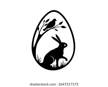 Silhueta de coelho de Páscoa com ovos decorativos e árvore de primavera ramo ilustração vetor preto para celebração de Páscoa, cartões de comemoração de férias, decoração de primavera sazonal, artesanato infantil e design festivo