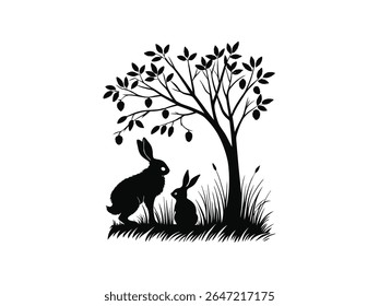 Silhueta de coelho de Páscoa com ovos decorativos e árvore de primavera ramo ilustração vetor preto para celebração de Páscoa, cartões de comemoração de férias, decoração de primavera sazonal, artesanato infantil e design festivo