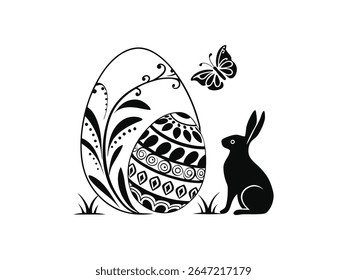 Easter bunny silhouette with decorative eggs and spring tree branch  black vector illustration for Easter celebration, holiday greeting cards, seasonal spring decor, kids crafts, and festive design