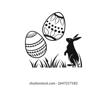 Easter bunny silhouette with decorative eggs and spring tree branch  black vector illustration for Easter celebration, holiday greeting cards, seasonal spring decor, kids crafts, and festive design
