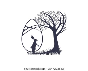 Easter bunny silhouette with decorative eggs and spring tree branch