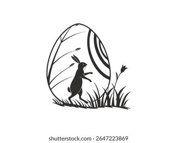 Easter bunny silhouette with decorative eggs and spring tree branch