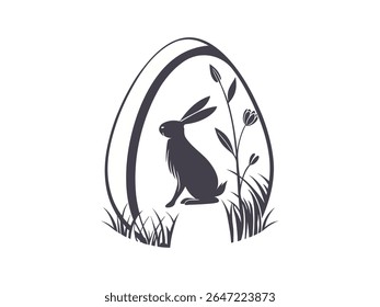 Easter bunny silhouette with decorative eggs and spring tree branch