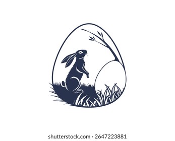 Easter bunny silhouette with decorative eggs and spring tree branch