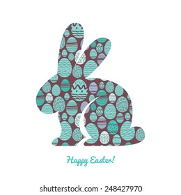 Easter bunny silhouette with egg pattern. Rabbit isolated on white background. Good for greeting card design.