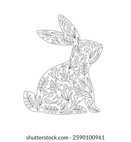 Easter bunny silhouette with floral ornament. Coloring page design for Easter. Spring floral design. Line art illustration for print.