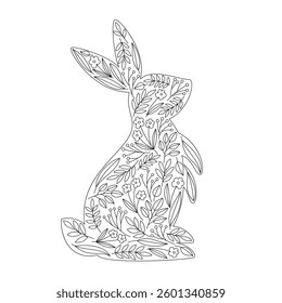 Easter bunny silhouette with floral ornament. Coloring page design for Easter. Spring floral design. Line art illustration for print.