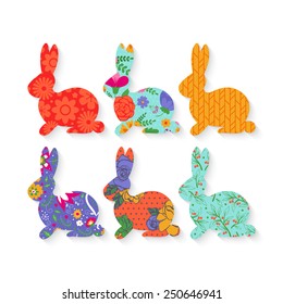 Easter Bunny Silhouette With Floral Pattern Set