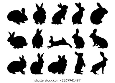 Easter bunny silhouette isolated vector, element design set of different action and pose rabbit.
