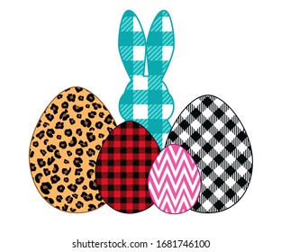 
Easter bunny silhouette and mixed pattern eggs . Leopard, buffalo plaid and zigzag. Easter design elements. Vector illustration.