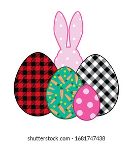 
Easter bunny silhouette and mixed pattern eggs . Buffalo plaid, polka dots, carrot pattern. Easter design elements. Vector illustration.
  