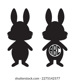 Dibujo vectorial del marco monograma de la silueta de conejo de Pascua sobre fondo blanco