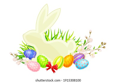 Easter Bunny Silhouette with Paschal Eggs Rested in Green Grass with Spring Flowers and Bow Vector Arrangement